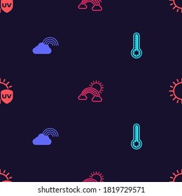 Set Meteorology thermometer, Rainbow with cloud, clouds and sun and UV protection on seamless pattern. Vector.