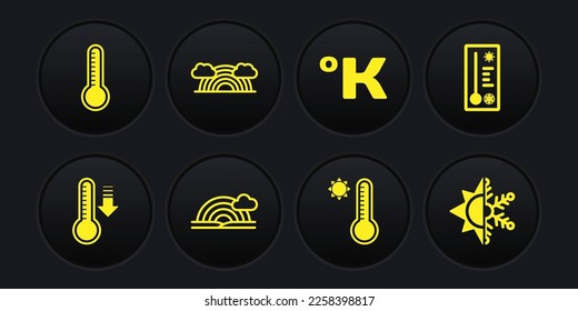 Set Meteorology thermometer, Rainbow with cloud, Kelvin, clouds, Sun and snowflake and  icon. Vector