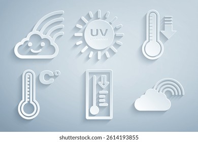 Set Meteorology thermometer, Rainbow with cloud, UV protection and  icon. Vector