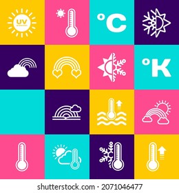 Setzen Sie Meteorologie Thermometer, Regenbogen mit Wolken und Sonne, Kelvin, Celsius, Herz, UV-Schutz und Sun Schneeflocken Symbol. Vektorgrafik