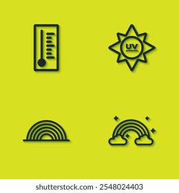 Definir termômetro de meteorologia, Arco-íris com nuvens e ícone de proteção UV. Vetor