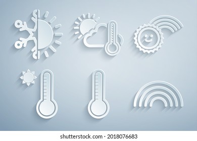 Set Meteorology thermometer, Rainbow with sun, Thermometer and cloud, and Sun snowflake icon. Vector