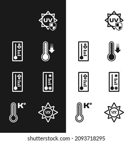 Ajuste termómetro de meteorología, arcoiris con sol, protección UV e icono. Vector
