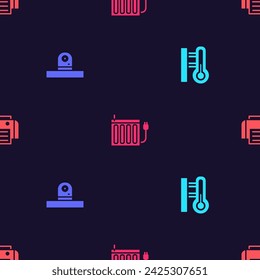 Set Meteorology thermometer, Security camera, Heating radiator and Printer on seamless pattern. Vector