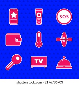 Set Meteorology thermometer, Smart Tv, Hotel service bell, Kayak canoe, Key, Wallet, Location with SOS and Mobile review rating icon. Vector