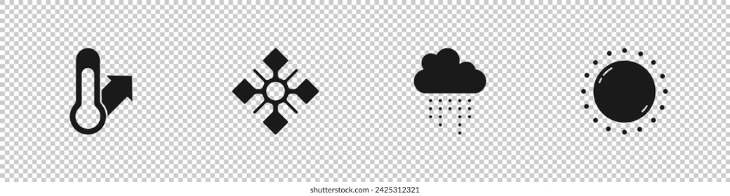 Set Meteorology thermometer, Snowflake, Cloud with rain and Sun icon. Vector