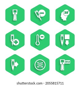 Set Meteorology thermometer, Snowflake, Digital, High human body temperature and  icon. Vector