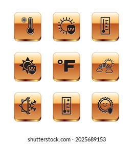 Set Meteorology thermometer, Sun and snowflake, Fahrenheit, UV protection,  and  icon. Vector