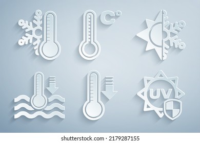 Set Meteorology thermometer, Sun and snowflake, Water, UV protection,  and Thermometer with icon. Vector