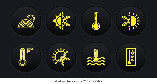 Set Meteorology thermometer, Sun and snowflake, Water,  and Rainbow with sun icon. Vector