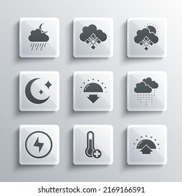 Meteorologie-Thermometer setzen, Sonnenaufgang, Regenwolke, Sonnenuntergang, Blitzschlag, Mond und Sterne, Mond und Schnee Sonne Symbol. Vektorgrafik