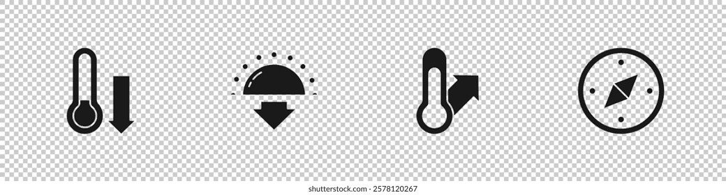 Set Meteorology thermometer, Sunset,  and Compass icon. Vector