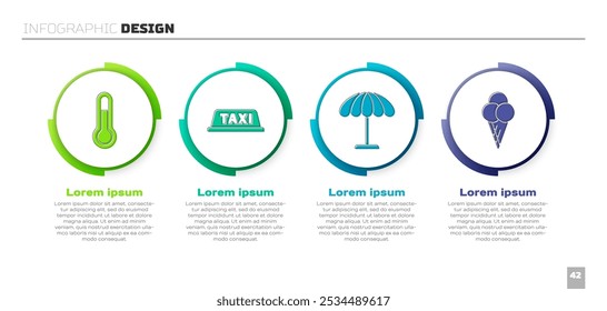 Set Meteorology thermometer, Taxi car roof, Sun protective umbrella for beach and Ice cream in waffle cone. Business infographic template. Vector