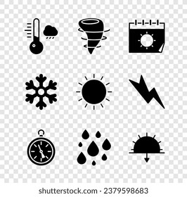 Set Meteorology thermometer, Tornado, Calendar and sun, Compass, Water drop, Sunset, Snowflake and  icon. Vector