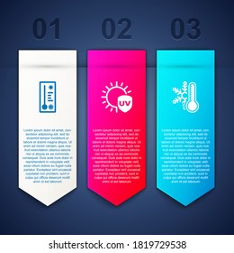 Set Meteorology thermometer, UV protection and Thermometer with snowflake. Business infographic template. Vector.
