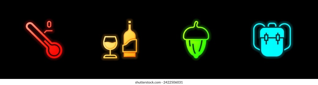 Set Meteorology thermometer, Wine bottle with glass, Acorn and School backpack icon. Vector