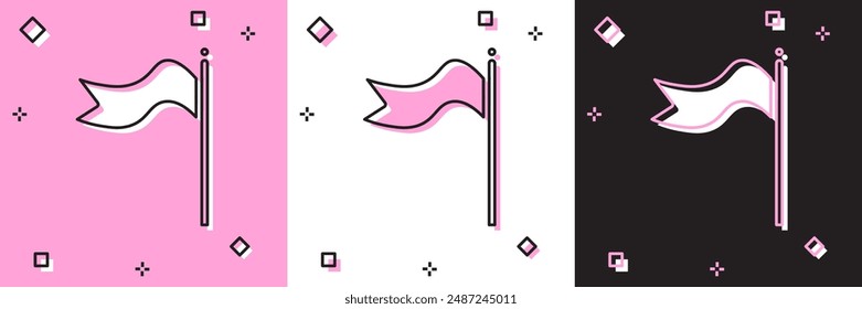 Conjunto Meteorología Winsock veleta icono aislado en rosa y blanco, fondo negro. El parabrisas indica la dirección y la fuerza del viento.  Ilustración vectorial