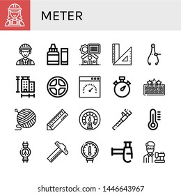 Set of meter icons such as Electrician, Ph meter, Solar panel, Rulers, Caliper, Measure, Valve, Speedometer, Stopwatch, High score, Yarn, Ruler, Dashboard, Thermometer , meter