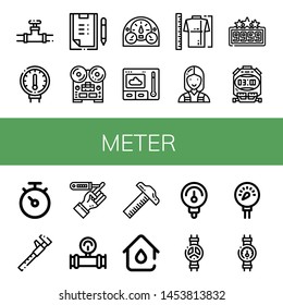 Set of meter icons such as Valve, Gauge, Scoring, Recorder, Dashboard, Thermometer, Measure, Electrician, High score, Stopwatch, Diabetes, Manometer, Ruler, Plumbing, Pressure , meter