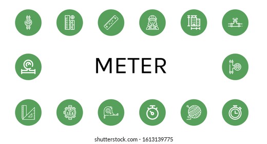 Set of meter icons. Such as Valve, Rulers, Ruler, Electrician, Measure, Stopwatch, Measuring tape, Yarn, Chronometer, Water meter , meter icons