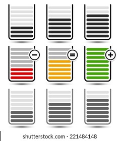 Set of metering glasses or containers w/ add, remove and equal signs, icons