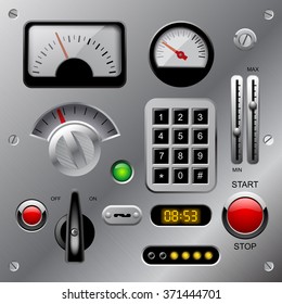 Set of meters, buttons and other machinery parts on metallic dashboard panel. Vector illustration