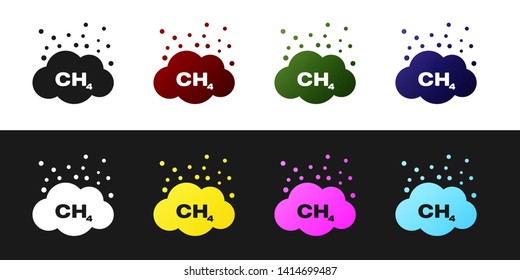 Set Methane emissions reduction icon isolated on black and white background. CH4 molecule model and chemical formula. Marsh gas. Natural gas. Vector Illustration