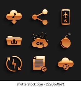 Establezca la reducción de emisiones de metano, Share file, Music streaming service, Bomba lista para explotar, Recharging e icono de carga de carpetas. Vector