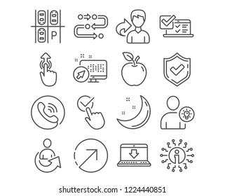 Set of Methodology, Internet downloading and Direction icons. Checkbox, Swipe up and User idea signs. Online survey, Share and Parking place symbols. Development process, Load data, Navigation pointer