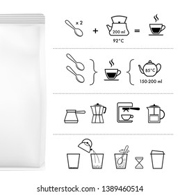 Set of methods of brewing tea and coffee. Preparation instructions. Vector elements for infographics. Set of sign for detailed guideline. Ready for your design.	
