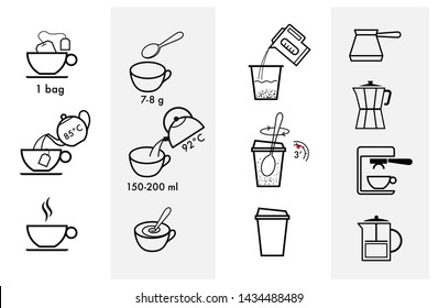 Set methods brewing tea   coffee  Preparation instructions  Vector elements for infographics  Set sign for detailed guideline  Ready for your design  EPS10 