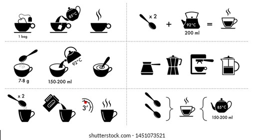 Set methods brewing tea   coffee  Preparation instructions  Vector elements for infographics  Set sign for detailed guideline  Ready for your design  EPS10 	