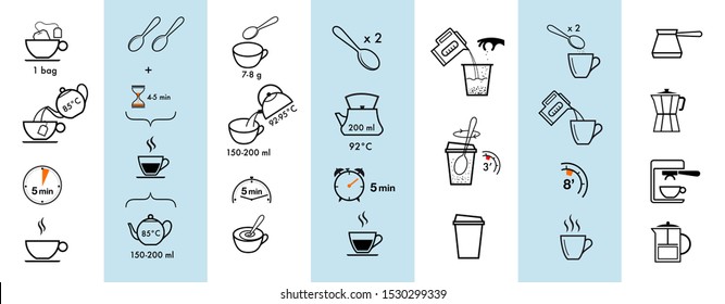 Set methods brewing tea   coffee  Preparation instructions  Vector elements for infographics  Set sign for detailed guideline  Ready for your design 	