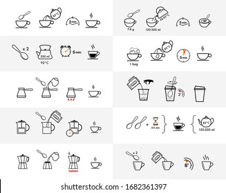 Set methods brewing tea   coffee  Preparation instructions  Vector elements for infographics  Set sign for detailed guideline  Ready for your design 