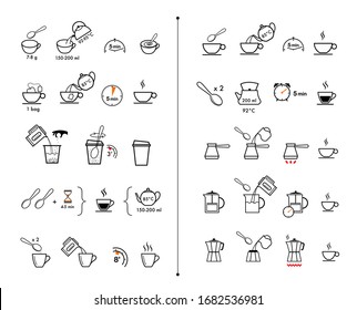 Conjunto de métodos para preparar té y café. Instrucciones de preparación. Elementos vectoriales para infografías. 