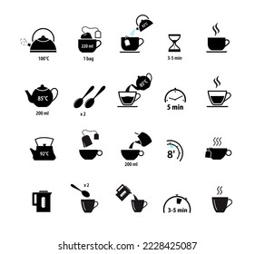 Set of methods of brewing tea and coffee. Preparation instructions. Vector silhouettes elements for infographics. Set of sign for detailed guideline. Ready for your design.	