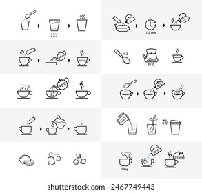 Set of methods of brewing tea, coffee and cold drinks. Preparation instructions. Vector elements for infographics. Set of sign for detailed guideline. Ready for your design. EPS10.