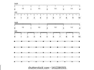 Set of metric abstract, rulers imperial scale with different geometric shapes. Abstract scale for a ruler from geometric shapes. Size indicator units. Measuring scale, markup for rulers.