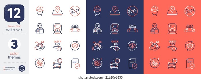 Set of Metro, Foreman and Car secure line icons. Include Return parcel, No smoking, Insurance policy icons. Woman read, Lgbt, Pin web elements. Tutorials, Stress, Give present. Transit journey. Vector