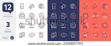Set of Metro, Internet search and Text message line icons. Include Augmented reality, Refrigerator, Seo statistics icons. Megaphone, Voting ballot, Settings gear web elements. Vector