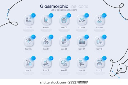 Set of Metro map, Electric energy and Parking place line icons for web app. Airport transfer, Hold box, Bike timer icons. Baggage, Lighthouse, Delivery bike signs. Passport, Location. Vector