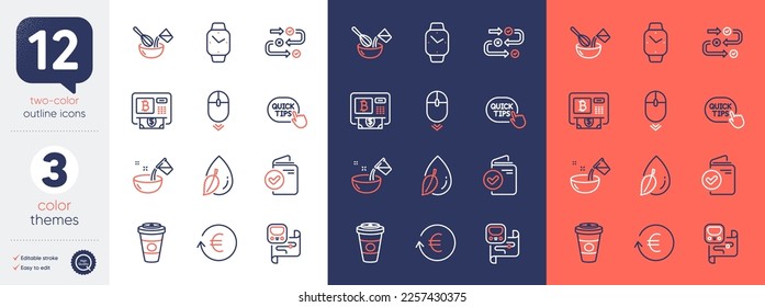 Set of Metro map, Survey progress and Cooking water line icons. Include Bitcoin atm, Verification document, Smartwatch icons. Takeaway coffee, Water drop, Cooking whisk web elements. Vector