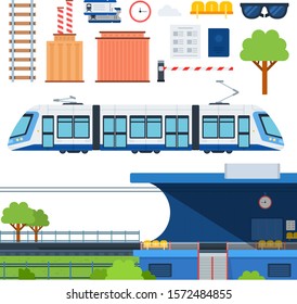 Set of Metro, Railway platform and Tram flat vector illustration on white.