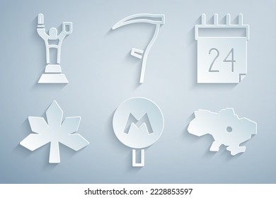 Set Metro or Underground, Independence day of Ukraine, Chestnut leaf, Map, Scythe and Mother Motherland monument icon. Vector