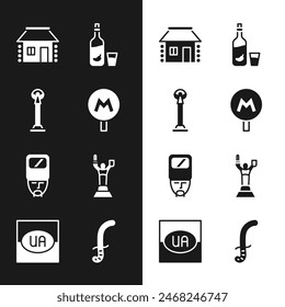 Set Metro or Underground, Monument of Independence, Ukrainian house, Vodka with pepper and glass, cossack, Mother Motherland monument, Medieval sword and Flag Ukraine icon. Vector