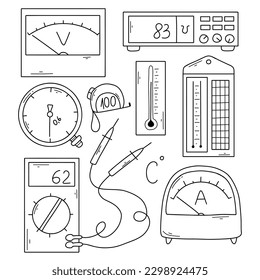 Set of metrological instruments in doodle style. Vector illustration. Linear measuring instruments.