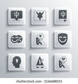 Set Metronome with pendulum, Broken heart or divorce, Comedy theatrical mask, Head, Solution to problem, and tragedy masks, Psychology, Psi and book, icon. Vector