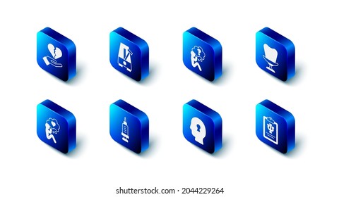 Set Metronome with pendulum, Head question mark, Armchair, Psychology, Psi, Solution to the problem, Addiction drug, heart and Broken or divorce icon. Vector