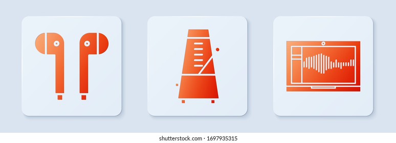 Set Metronome with pendulum in motion, Air headphones and Sound or audio recorder on laptop. White square button. Vector
