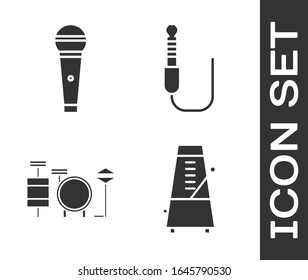 Set Metronome with pendulum in motion, Microphone, Drums and Audio jack icon. Vector